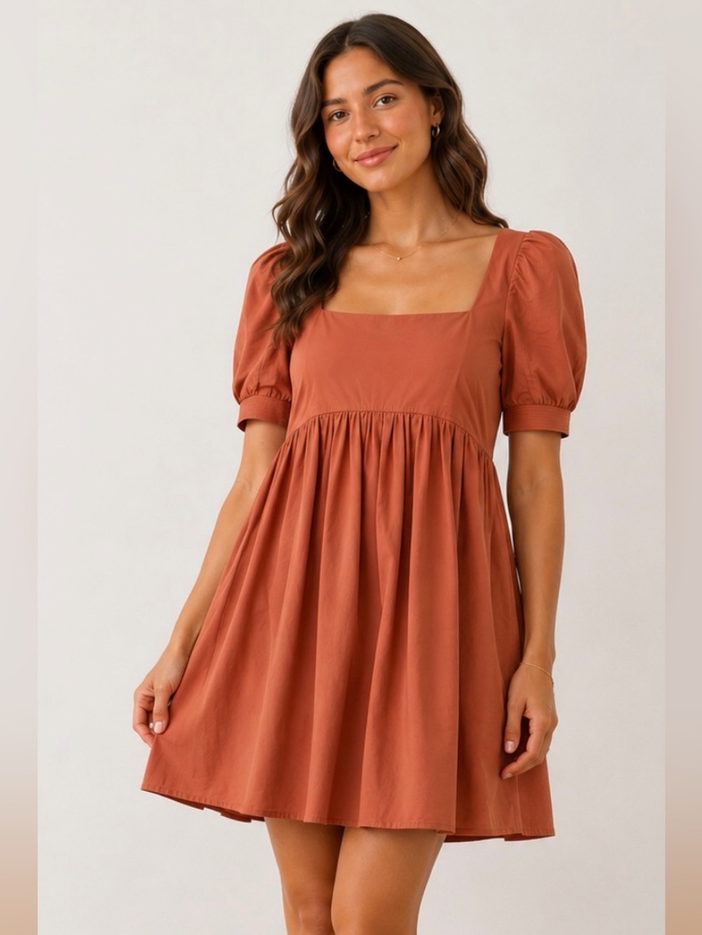 En Saison En Cotton Poplin Babydoll Puff Sleeve Dress Size Medium Rust Orange